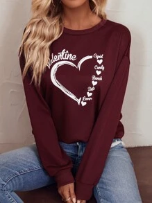 SHEIN LUNE Heart & Slogan Graphic Sweatshirt - Burgundy - View 1