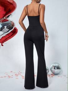 SHEIN BAE 亮片拼接喇叭吊帶連體褲 - 黑色 - 查看 2
