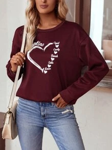 SHEIN LUNE Heart & Slogan Graphic Sweatshirt - Burgundy - View 3