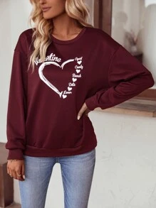 SHEIN LUNE Heart & Slogan Graphic Sweatshirt - Burgundy - View 4