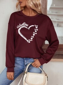 SHEIN LUNE Heart & Slogan Graphic Sweatshirt - Burgundy - View 5