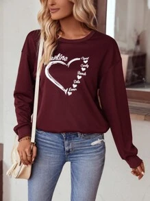 SHEIN LUNE Heart & Slogan Graphic Sweatshirt - Burgundy - View 6