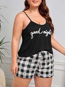 con estampado de letra Top de tirantes & con estampado de guingán Shorts Conjunto de pijama - Blanco y Negro - Ver 4