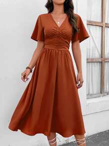 SHEIN Clasi Ruched Butterfly Sleeve Dress - Rust Brown - View 1