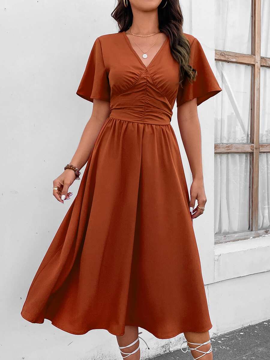 SHEIN Clasi Ruched Butterfly Sleeve Dress - Rust Brown - View 1