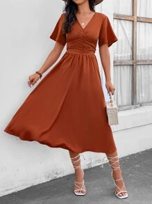 SHEIN Clasi Ruched Butterfly Sleeve Dress - Rust Brown - View 3