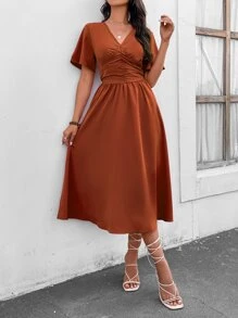 SHEIN Clasi Ruched Butterfly Sleeve Dress - Rust Brown - View 4