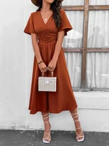 SHEIN Clasi Ruched Butterfly Sleeve Dress - Rust Brown - View 5