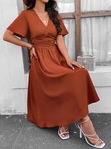 SHEIN Clasi Ruched Butterfly Sleeve Dress - Rust Brown - View 6