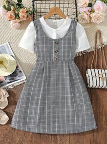 女孩格紋印花前紐扣連衣裙和襯衫 - 彩色 - 查看 1