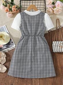 女孩格紋印花前紐扣連衣裙和襯衫 - 彩色 - 查看 2