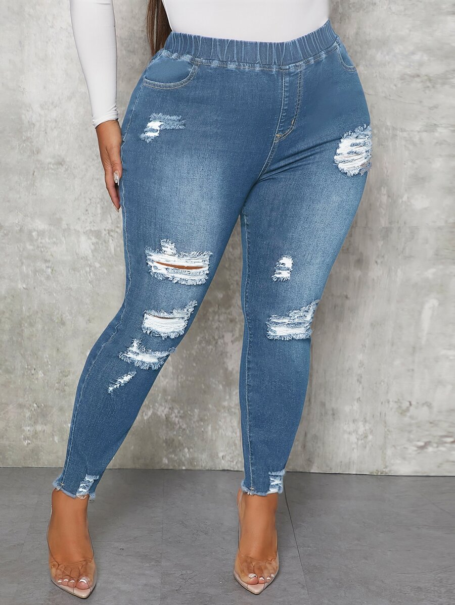 SHEIN SXY Plus Ripped Raw Hem Elastic Waist Skinny Jeans - Medium Wash - View 1