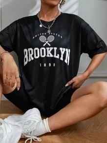 SHEIN Unity Letter Graphic Drop Shoulder Tee - Black - View 1