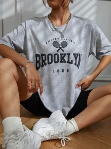 SHEIN Unity 纹理面料蕾丝拼布休闲宽松长袖T恤 - 灰色 - 查看 1