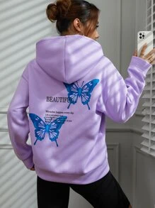 SHEIN Unity Butterfly And Slogan Graphic Drop Shoulder Hoodie - Lilac Purple - View 1