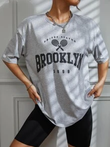SHEIN Unity 纹理面料蕾丝拼布休闲宽松长袖T恤 - 灰色 - 查看 3
