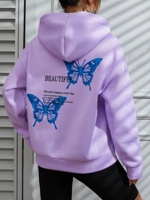 SHEIN Unity Butterfly And Slogan Graphic Drop Shoulder Hoodie - Lilac Purple - View 4