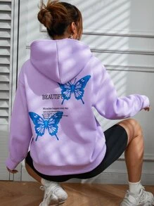 SHEIN Unity Butterfly And Slogan Graphic Drop Shoulder Hoodie - Lilac Purple - View 5