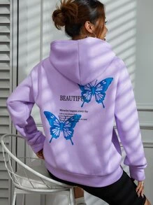 SHEIN Unity Butterfly And Slogan Graphic Drop Shoulder Hoodie - Lilac Purple - View 6