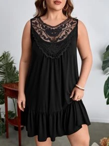 SHEIN LUNE Plus Guipure Lace Panel Ruffle Hem Dress - Black - View 1
