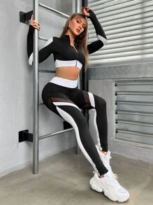 Gameset SHEIN Sport 2 件套拼色运动套装 跑步套装 拉链运动夹克和运动夹克和紧身裤 健身套装 女士健身套装 女士健身套装 女士紧身裤套装 - 黑與白 - 查看 5