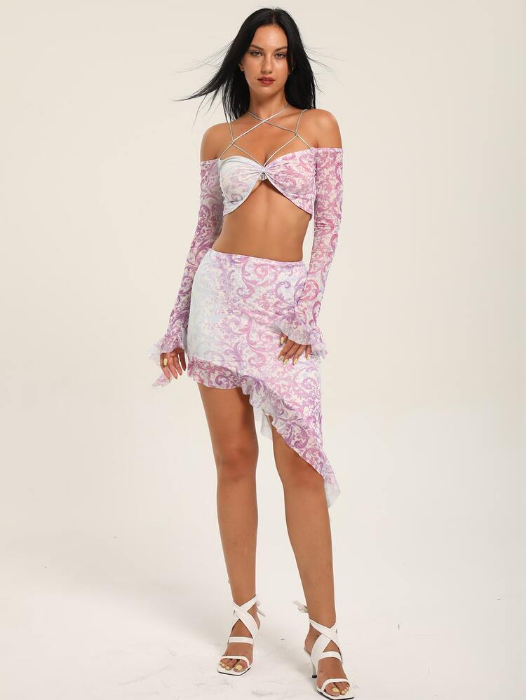 à imprimé col bardot Top court & asymétrique Jupe - Multicolore - Voir 4