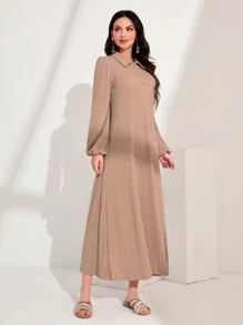 Mulvari Lantern Sleeve Cable Knit Dress - Apricot - View 1
