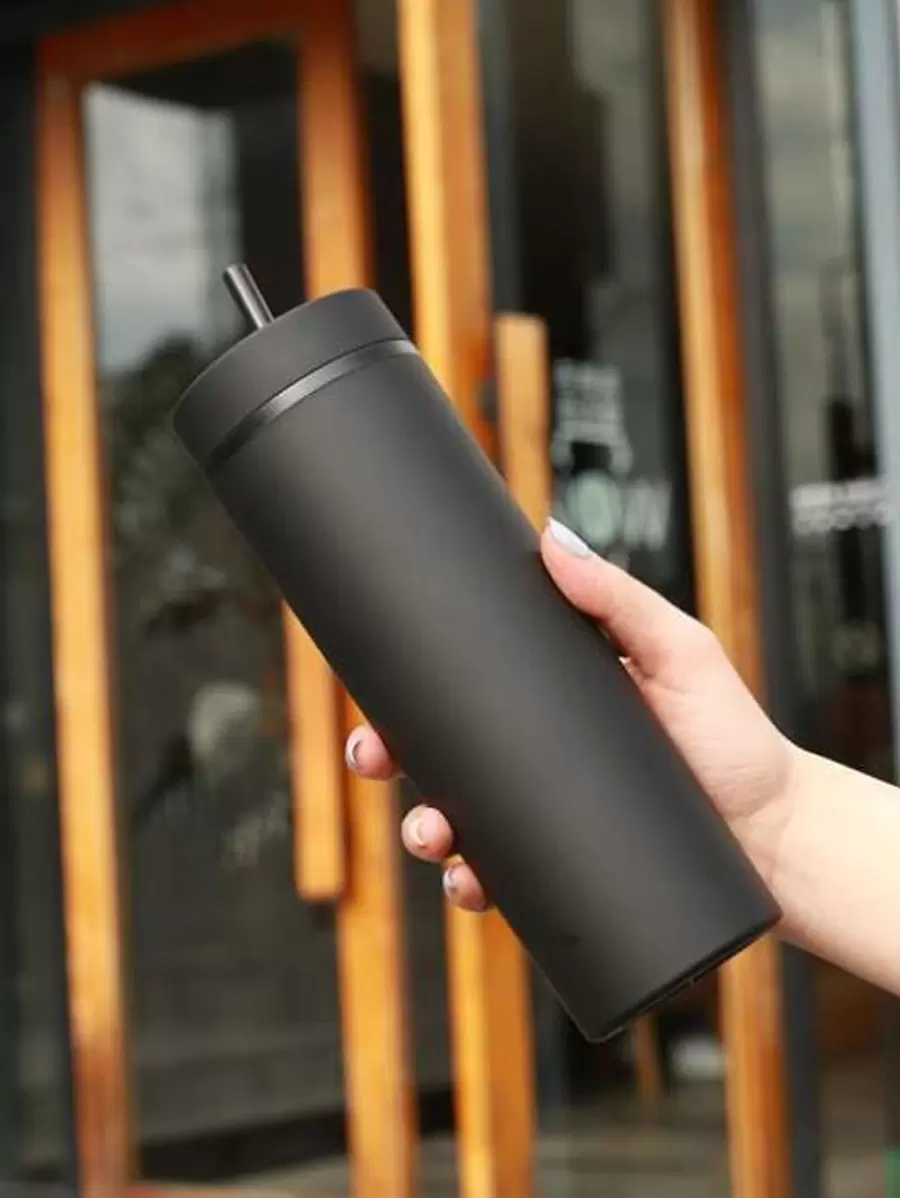 1pc Plain Portable Tumbler, Black Simple Straight Straw Cup For Office - Multicolor - View 1