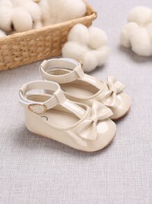 Infants Girls Mary Jane Flats, Rubber Sole Princess Dress Shoes, Beige - Beige - View 1