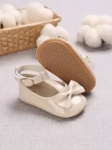 Infants Girls Mary Jane Flats, Rubber Sole Princess Dress Shoes, Beige - Beige - View 2