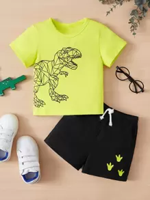 SHEIN Leap Crew Baby Boy Dinosaur Print Tee & Drawstring Waist Track Shorts - Yellow - View 1