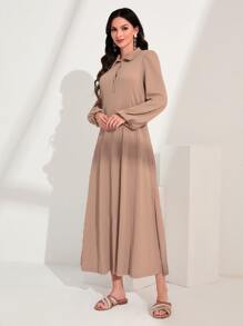 Mulvari Lantern Sleeve Cable Knit Dress - Apricot - View 3
