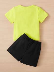 SHEIN Leap Crew Baby Boy Dinosaur Print Tee & Drawstring Waist Track Shorts - Yellow - View 2