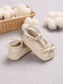 Infants Girls Mary Jane Flats, Rubber Sole Princess Dress Shoes, Beige - Beige - View 5