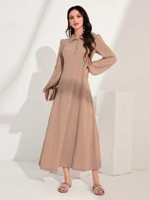 Mulvari Lantern Sleeve Cable Knit Dress - Apricot - View 4