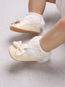 Infants Girls Mary Jane Flats, Rubber Sole Princess Dress Shoes, Beige - Beige - View 6