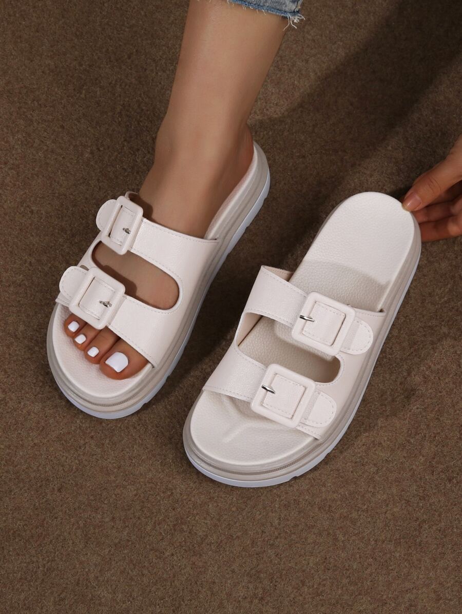 搭扣設計包趾涼鞋,淺褐色時尚搭扣設計女士防水台坡跟涼鞋帶粗跟高跟鞋 - 米色 - 查看 1