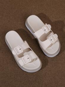 搭扣設計包趾涼鞋,淺褐色時尚搭扣設計女士防水台坡跟涼鞋帶粗跟高跟鞋 - 米色 - 查看 2