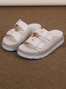 搭扣設計包趾涼鞋,淺褐色時尚搭扣設計女士防水台坡跟涼鞋帶粗跟高跟鞋 - 米色 - 查看 3