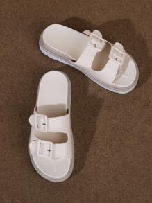 搭扣設計包趾涼鞋,淺褐色時尚搭扣設計女士防水台坡跟涼鞋帶粗跟高跟鞋 - 米色 - 查看 4