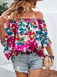 SHEIN VCAY 滿版印花一字肩襯衫 - 彩色 - 查看 1