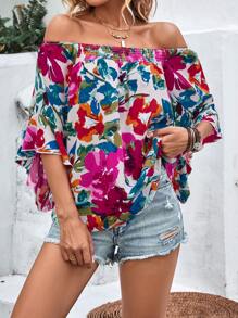 SHEIN VCAY 滿版印花一字肩襯衫 - 彩色 - 查看 3