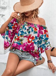 SHEIN VCAY 滿版印花一字肩襯衫 - 彩色 - 查看 5