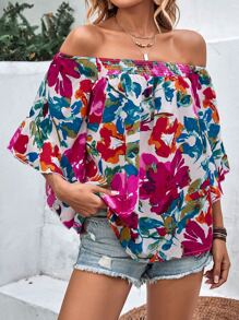 SHEIN VCAY 滿版印花一字肩襯衫 - 彩色 - 查看 6