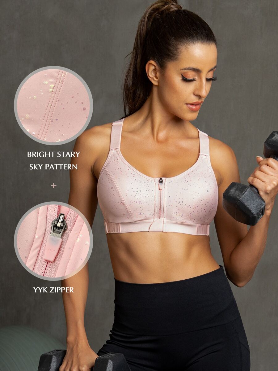Áo lót thể thao Nữ Lộ Lưng Dây kéo Tất cả trên in - Màu Hồng baby - Xem 1