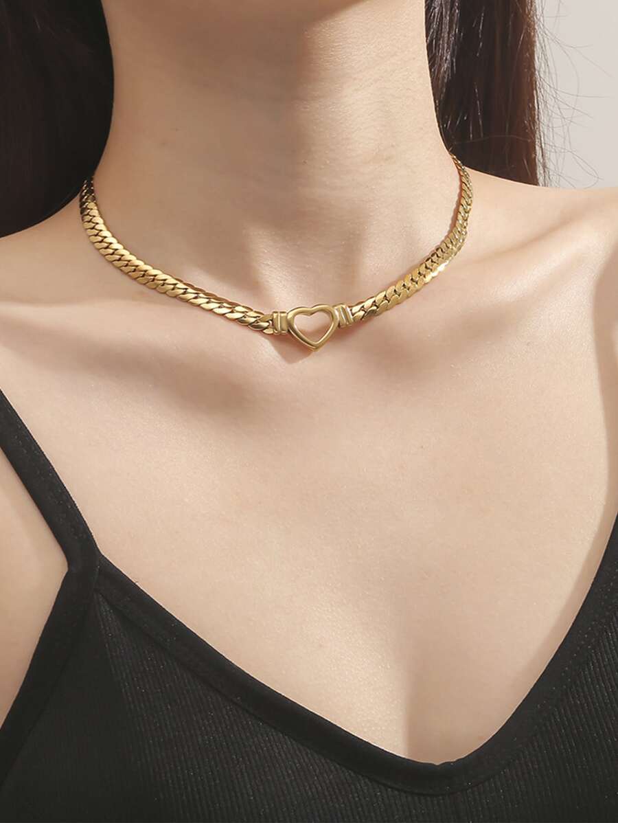 愛心裝飾頸鏈 - 金黃色 - 查看 1