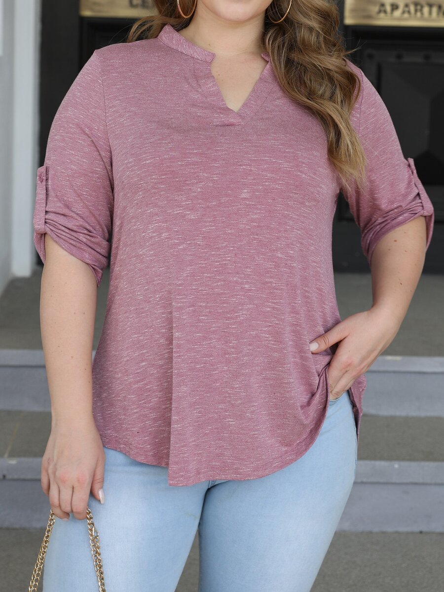 AAmilife Plus Notched Neckline Roll Tab Sleeve Tee - Dusty Pink - View 1