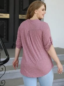 AAmilife Plus Notched Neckline Roll Tab Sleeve Tee - Dusty Pink - View 2