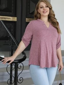 AAmilife Plus Notched Neckline Roll Tab Sleeve Tee - Dusty Pink - View 3