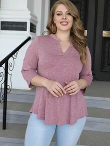 AAmilife Plus Notched Neckline Roll Tab Sleeve Tee - Dusty Pink - View 4